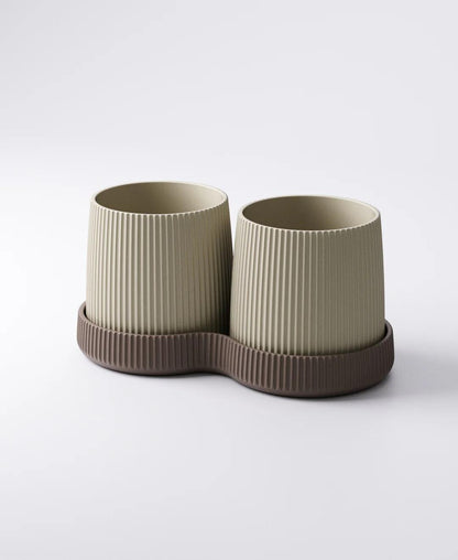 Gemini Planter with Drip Tray - Twin Ribbed Indoor Plant Pots | Balanced Modern Accent