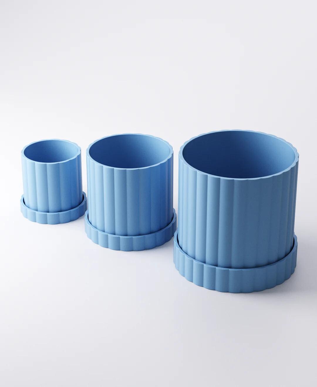 Arco Planter Set of 3 - Ridged Indoor Plant Pots with Drip Trays | Modern Small, Medium & Large Planters