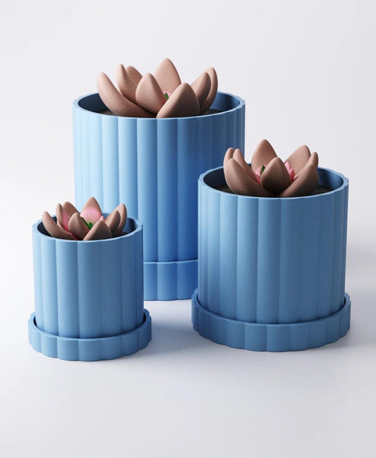 Arco Planter Large - Ridged Pot with Drip Tray | Modern 14 × 14 × 14 cm Indoor Plant Pot