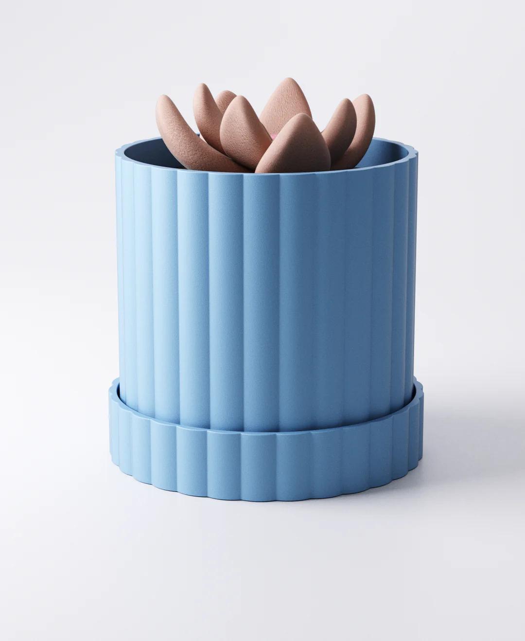 Arco Planter Large - Ridged Pot with Drip Tray | Modern 14 × 14 × 14 cm Indoor Plant Pot