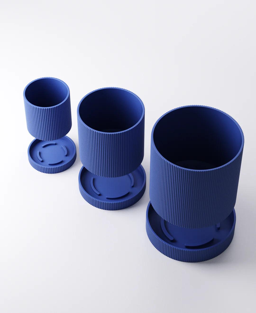 Linea Planter - Ridged Vertical Stripe Pot with Tray (Set of 3) | Modern Cylindrical Indoor Planters in Matte Finish