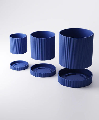 Linea Planter - Ridged Vertical Stripe Pot with Tray (Set of 3) | Modern Cylindrical Indoor Planters in Matte Finish