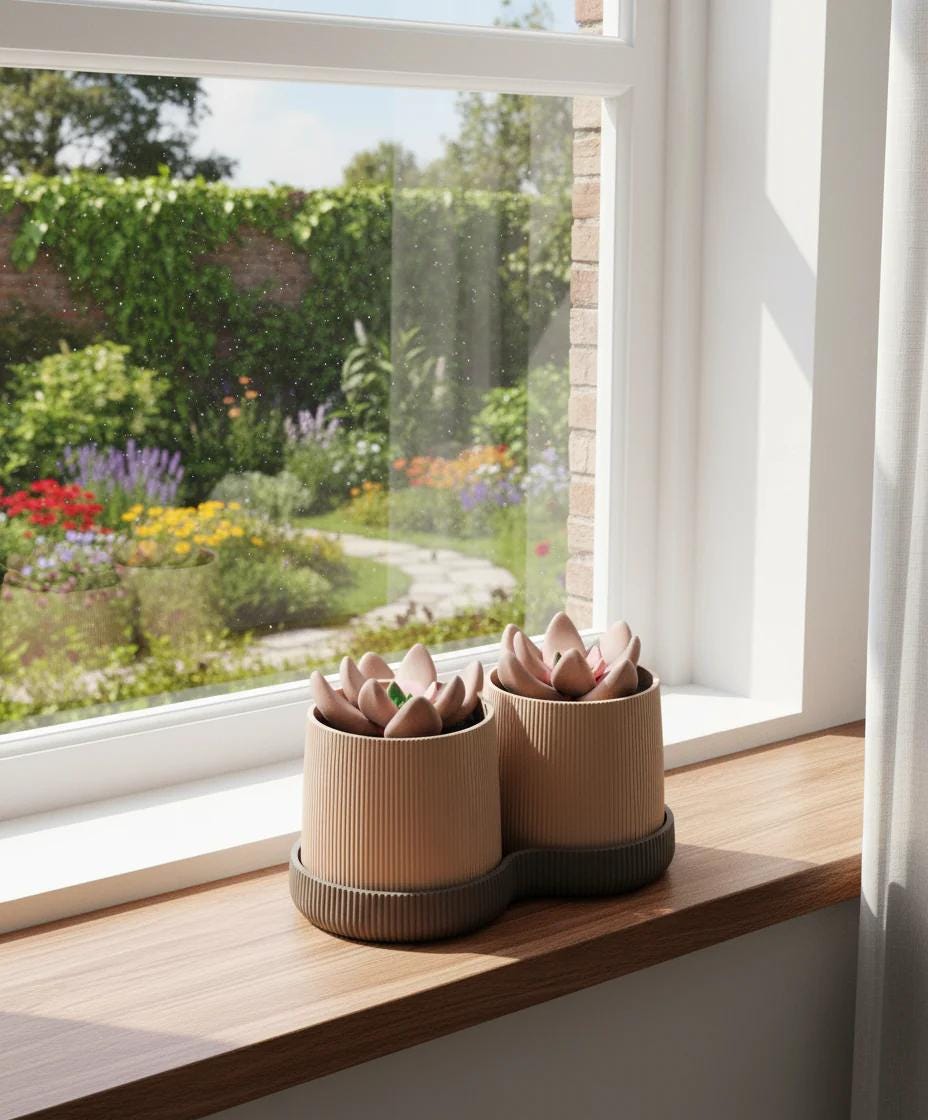 Gemini Column Planter with Drip Tray - Twin Ribbed Indoor Plant Pots