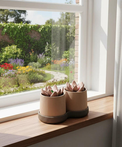 Gemini Column Planter with Drip Tray - Twin Ribbed Indoor Plant Pots