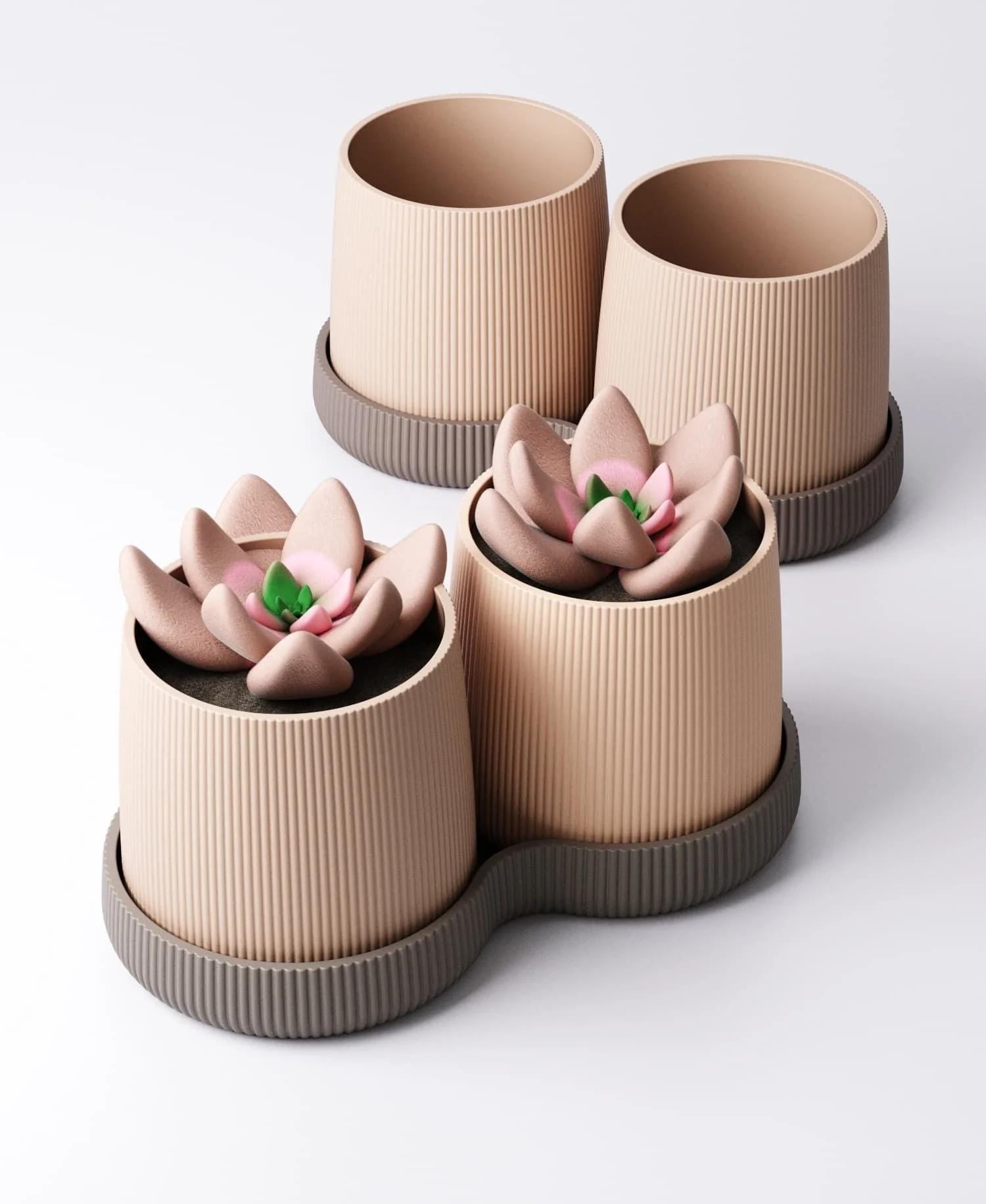 Gemini Column Planter with Drip Tray - Twin Ribbed Indoor Plant Pots