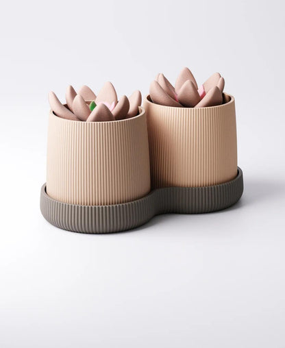 Gemini Column Planter with Drip Tray - Twin Ribbed Indoor Plant Pots