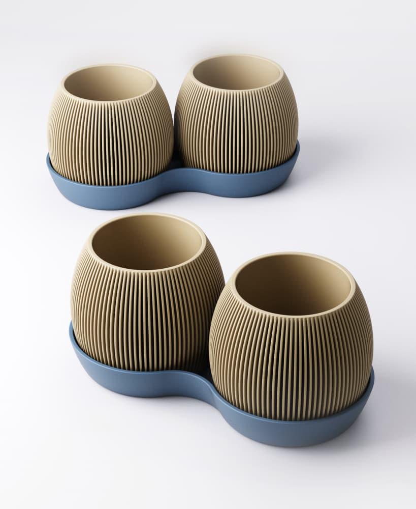 Gemini Orb Planter with Drip Tray - Twin Ribbed Round Pots | Sculptural Modern Indoor Accent