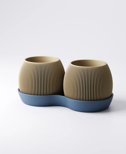 Gemini Orb Planter with Drip Tray - Twin Ribbed Round Pots | Sculptural Modern Indoor Accent