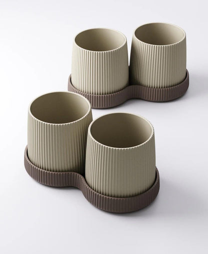 Gemini Planter with Drip Tray - Twin Ribbed Indoor Plant Pots | Balanced Modern Accent