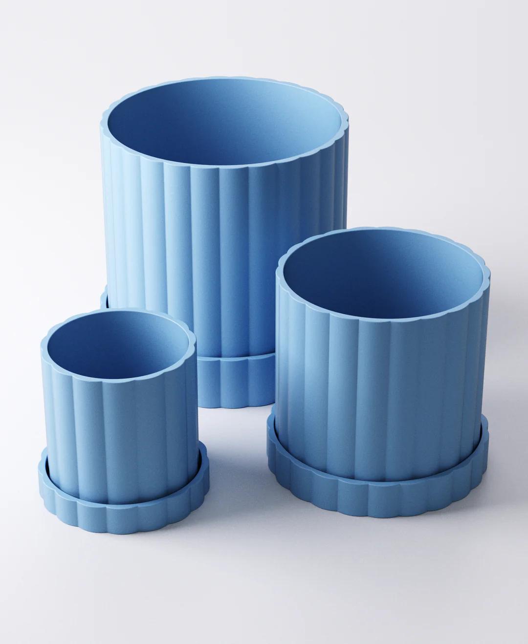 Arco Planter Set of 3 - Ridged Indoor Plant Pots with Drip Trays | Modern Small, Medium & Large Planters