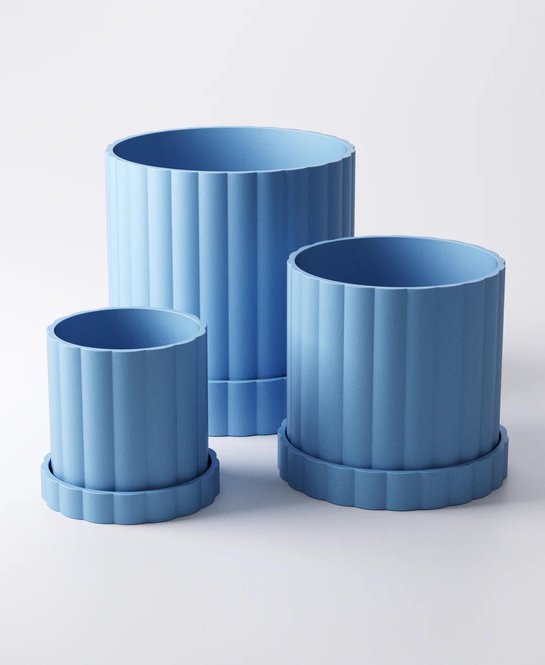 Arco Planter Large - Ridged Pot with Drip Tray | Modern 14 × 14 × 14 cm Indoor Plant Pot