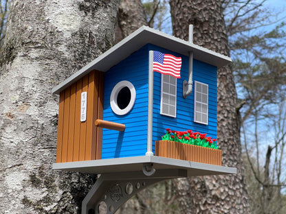 Blue Cottage Birdhouse with Planter - Decorative Garden Feature