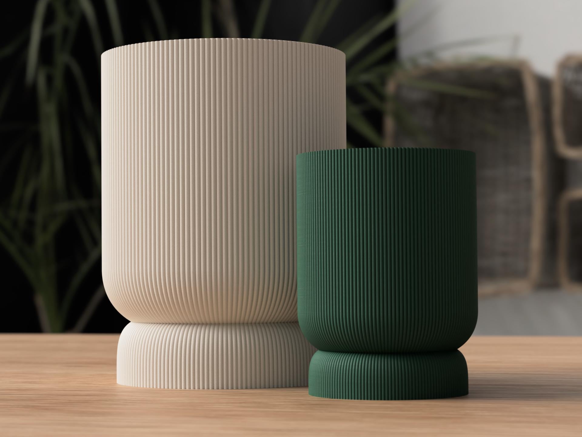 Striara Planter with Twist-Lock Drip Tray - Fine Ribbed Minimalist Pot