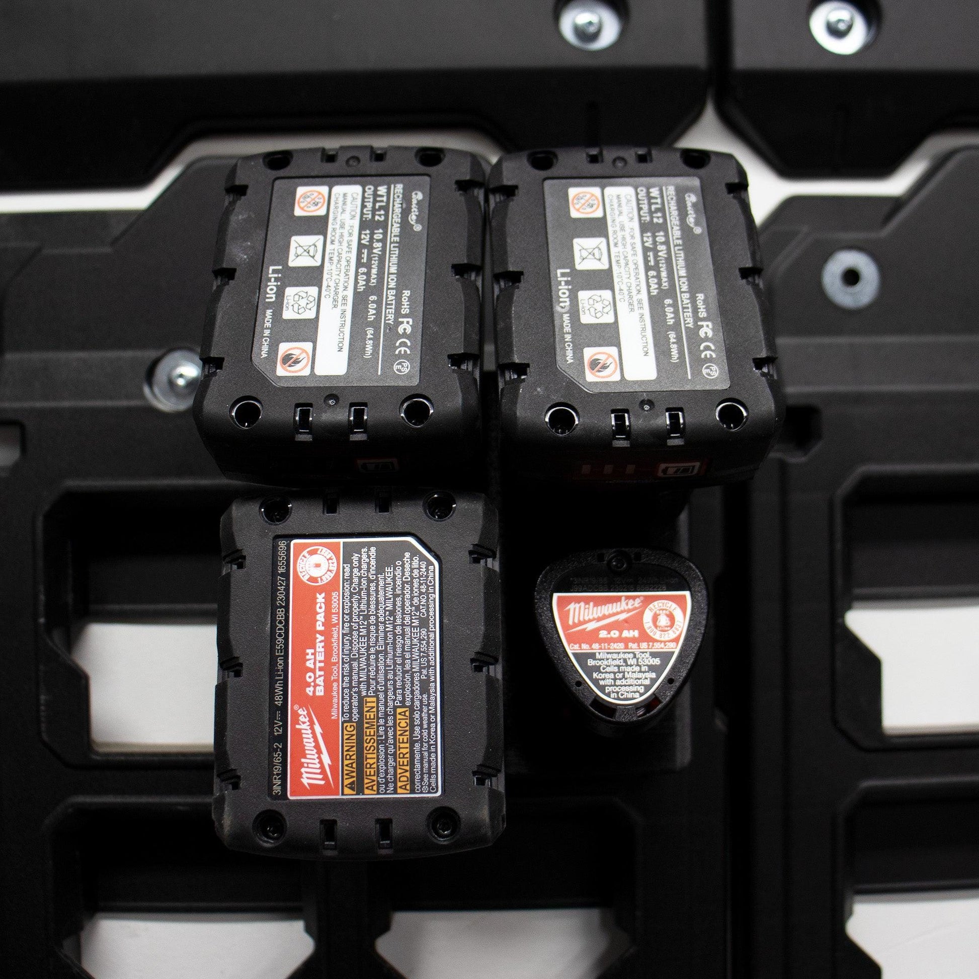 M12 Battery Holder Quad Mount | to Suit Milwaukee Packout Wall
