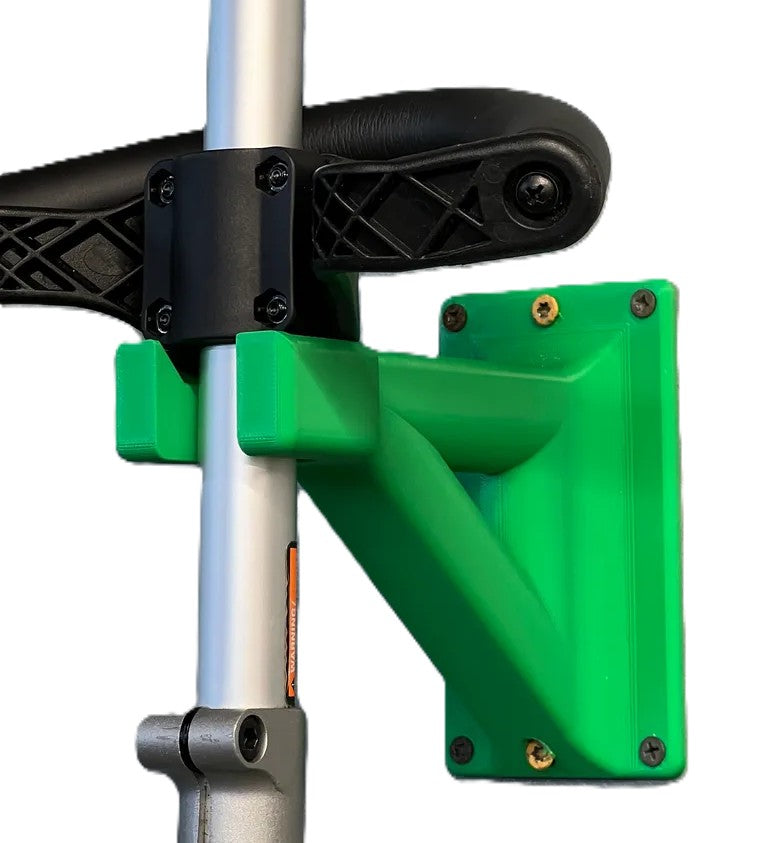 Close-up view of EGO String Trimmer Wall Mount Holder attached to trimmer, emphasizing easy installation and secure fit for outdoor tools.
