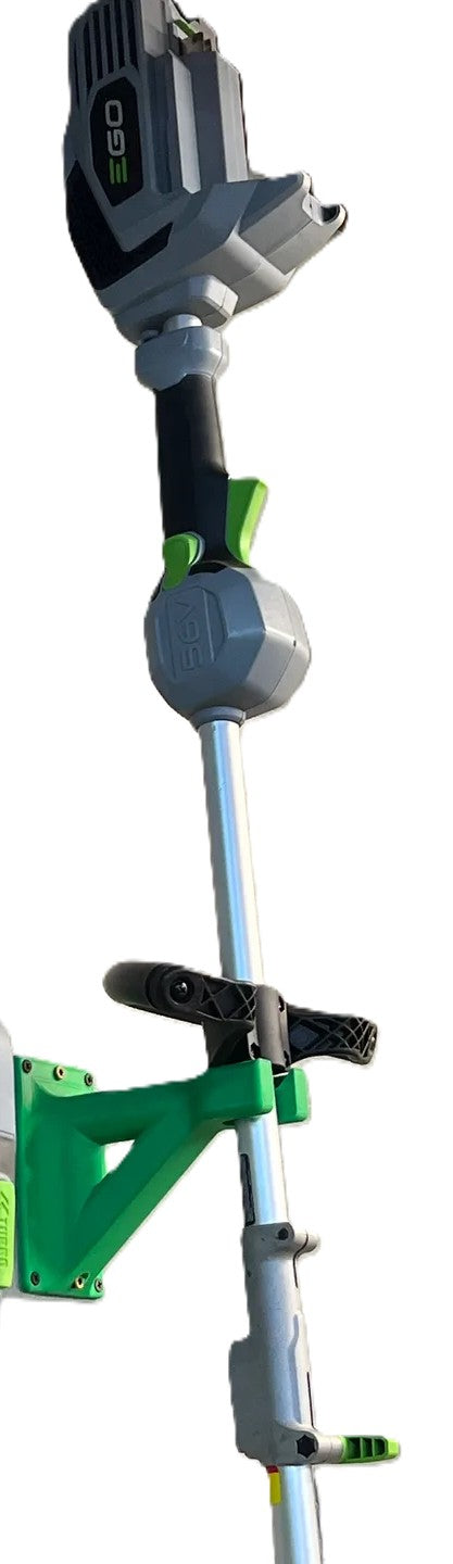 EGO String Trimmer Wall Mount Holder with EGO string trimmer displayed, highlighting the sleek aesthetic and robust construction for organized storage.