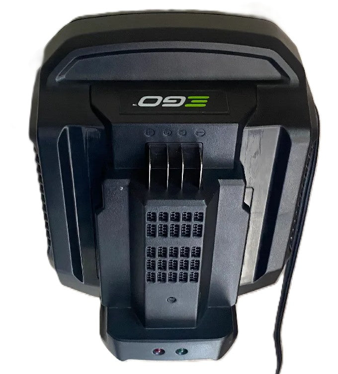 Top view of the EGO 56V Charger Wall Mount Holder for CH2100E, emphasizing the logo and design features with black and green colors.