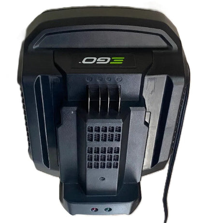 Top view of the EGO 56V Charger Wall Mount Holder for CH2100E, emphasizing the logo and design features with black and green colors.