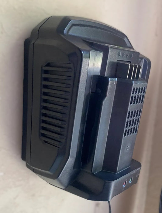 EGO 56V Charger Wall Mount Holder for CH2100E in black plastic, showcasing a flat wall-mount design, ideal for secure charger placement.