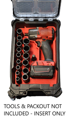 Milwaukee Mid Torque Impact Wrench Packout Insert AUS M18FMTIW2F12 – Insert Only displayed with an impact wrench and socket set in a Packout tool case, showing organization and storage options.