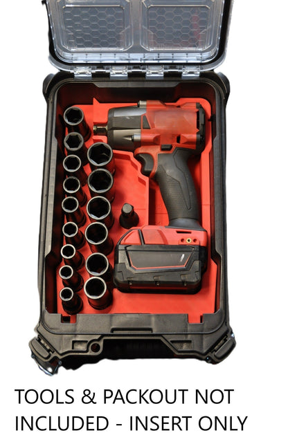 Milwaukee Mid Torque Impact Wrench Packout Insert AUS M18FMTIW2F12 – Insert Only displayed with an impact wrench and socket set in a Packout tool case, showing organization and storage options.
