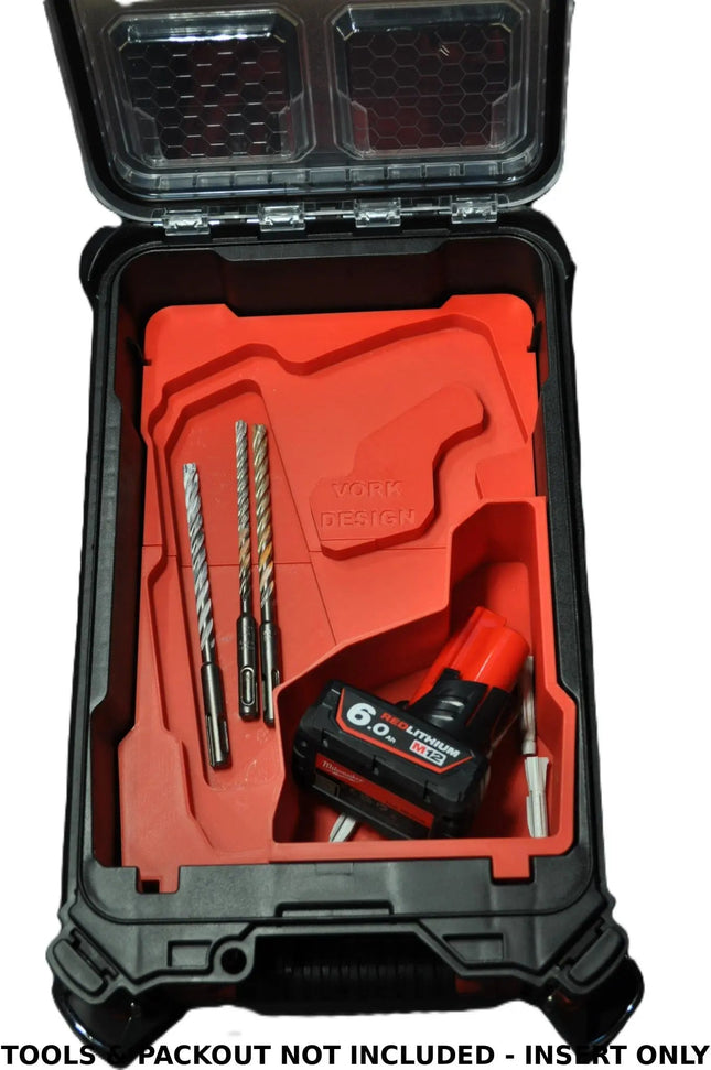 Packout Insert for M12 Fuel SDS Plus Rotary Hammer – USA 2416-20 / Aus/UK M12CH – Interior view of Packout storage box displaying drill bits and 6.0 Ah battery securely organized.