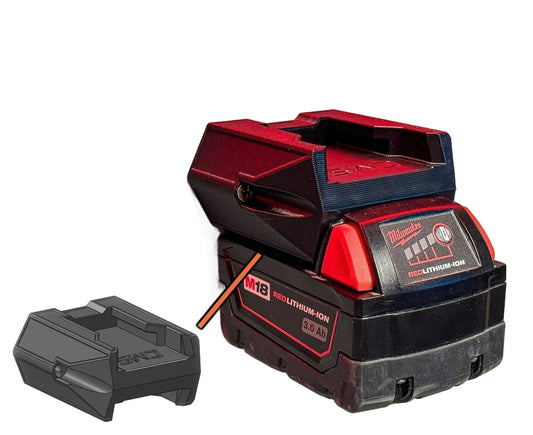 Milwaukee M18 REDLITHIUM™ Dual Battery Holder Insert displayed alongside an M18 REDLITHIUM™ battery, showcasing a durable accessory designed for organized battery storage and quick access, ideal for professionals and DIY enthusiasts.