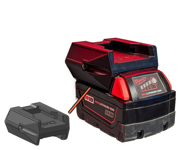 M18 Dual Battery Holder Insert to Suit Milwaukee showcased with a Milwaukee REDLITHIUM battery, highlighting the compatibility and secure storage solution for Milwaukee power tools.