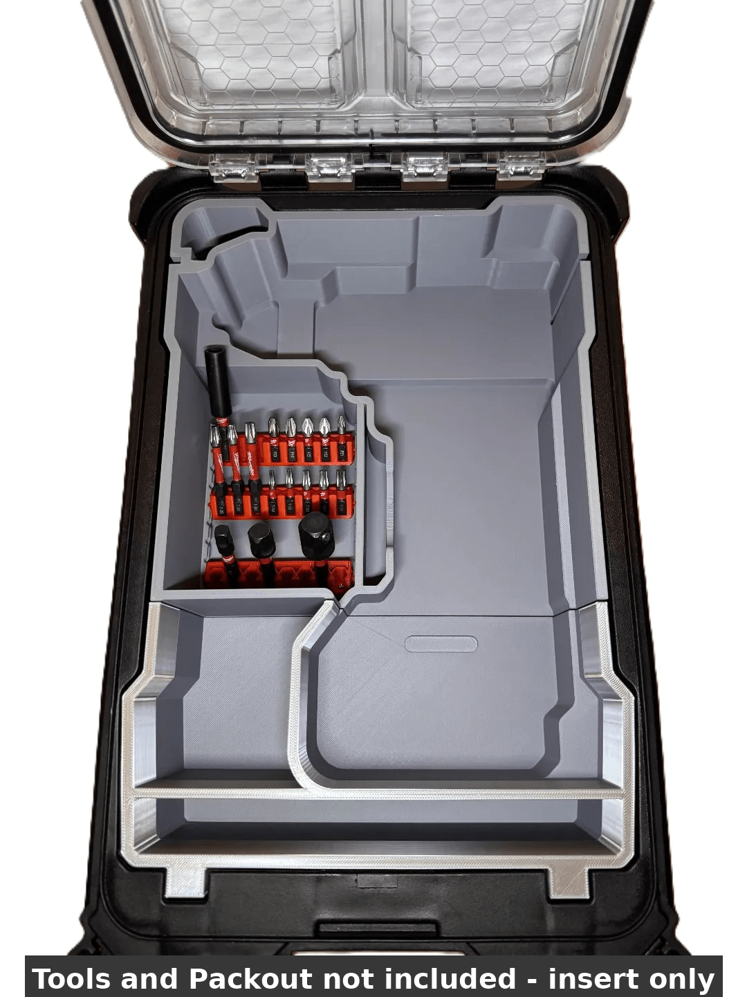 Milwaukee M18 Fuel Drill Insert for Gen 3 & 4 Mod 2804-20, 2904-20 – Insert Only, displayed within a Milwaukee Packout Box, highlighting tool management features.