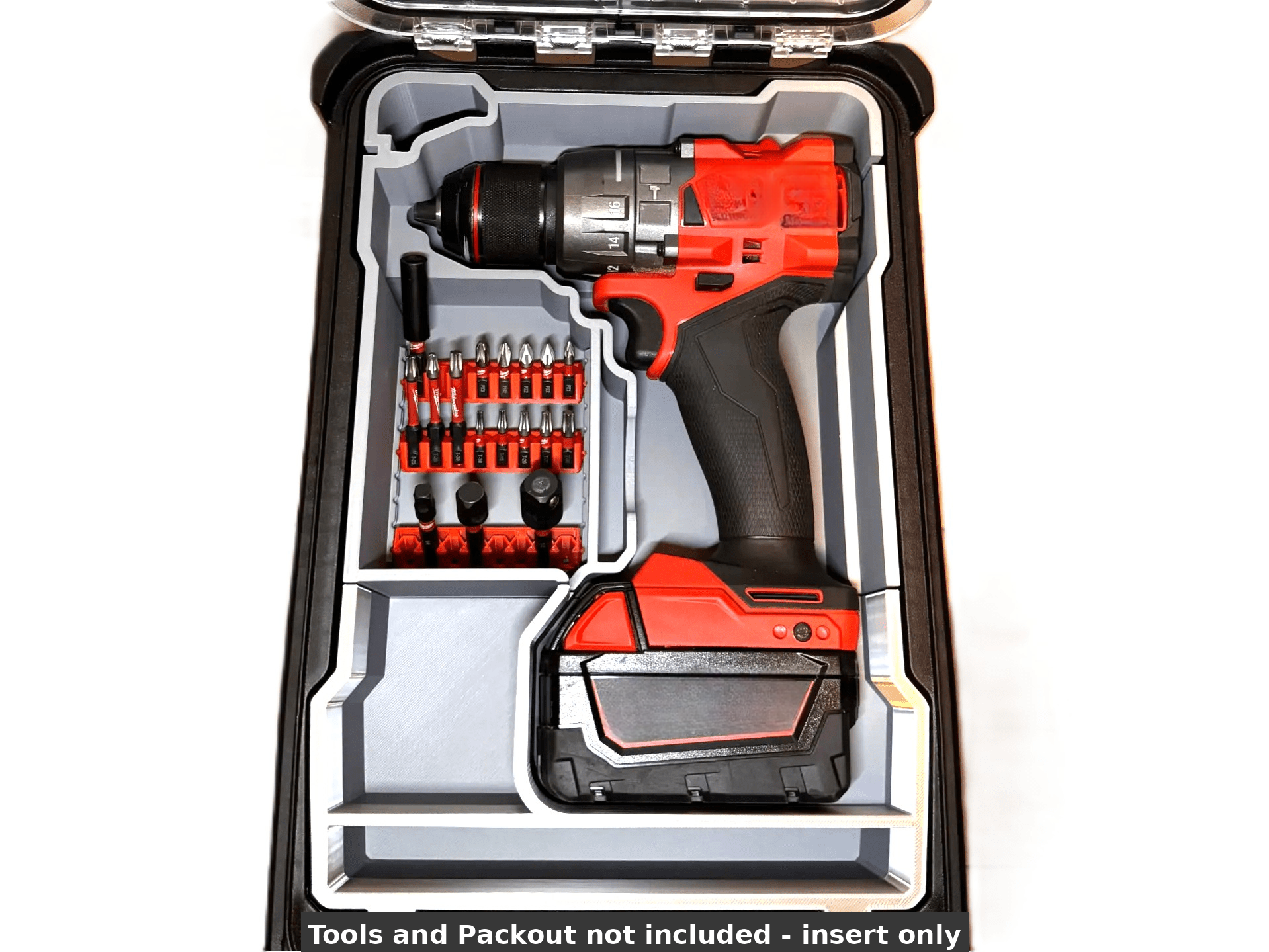 Milwaukee M18 Fuel Drill Insert for Gen 3 & 4 Mod 2804-20, 2904-20 - Insert only shown in a Packout box, organized with compartments for tools and accessories. Includes sturdy plastic construction for tool management.