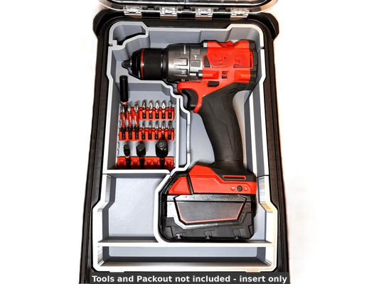Milwaukee M18 Fuel Drill Insert for Gen 3 & 4 Mod 2804-20, 2904-20 - Insert only shown in a Packout box, organized with compartments for tools and accessories. Includes sturdy plastic construction for tool management.