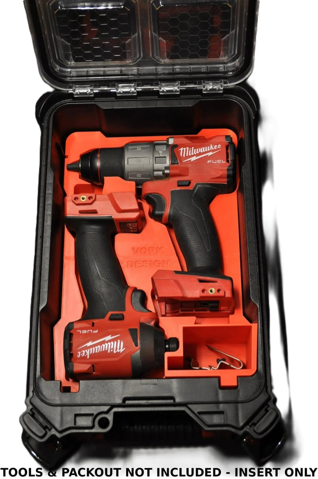 Packout Insert for M18 Fuel Hammer Drill and Impact Driver Gen 4 inside a Milwaukee Packout Box. Designed to securely hold tools, made from durable PETG material.