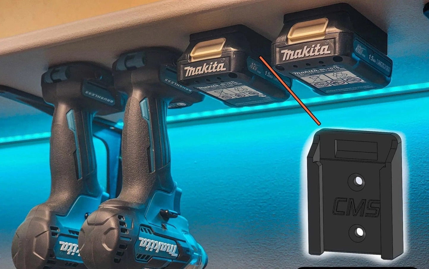 Image of the Makita M12 Wall-Mountable Battery Holder featuring two Makita batteries securely stored. Durable organizer designed to enhance workspace efficiency and maintain battery accessibility, ideal for professionals and DIY enthusiasts.