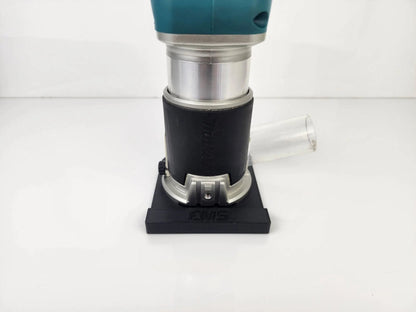 Front view of the Makita Router mounted on Router Rail Guide, highlighting its user-friendly design for woodworking enthusiasts.