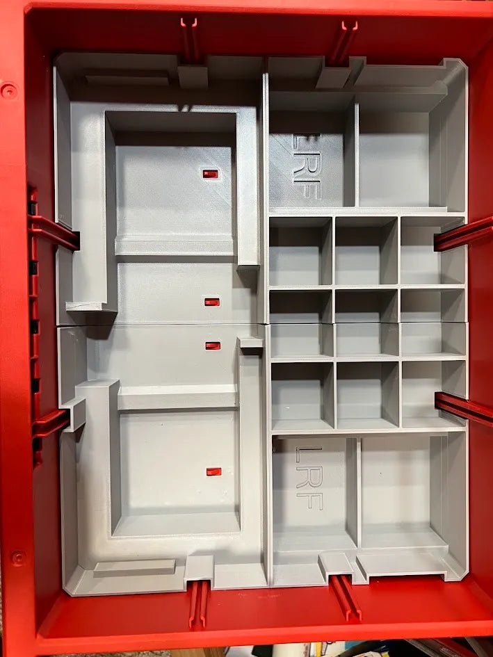 Packout Insert for Milwaukee M12 & M18 Chargers – Compatible with 2-Drawer & 3-Drawer systems, featuring a detailed view of the gray compartment layout designed for secure tool storage.