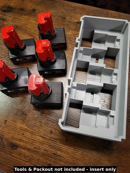 Milwaukee Packout Insert for M12 4.0Ah and 6.0Ah Batteries - Insert displayed alongside Milwaukee batteries, showcasing the efficient storage solution for professionals.
