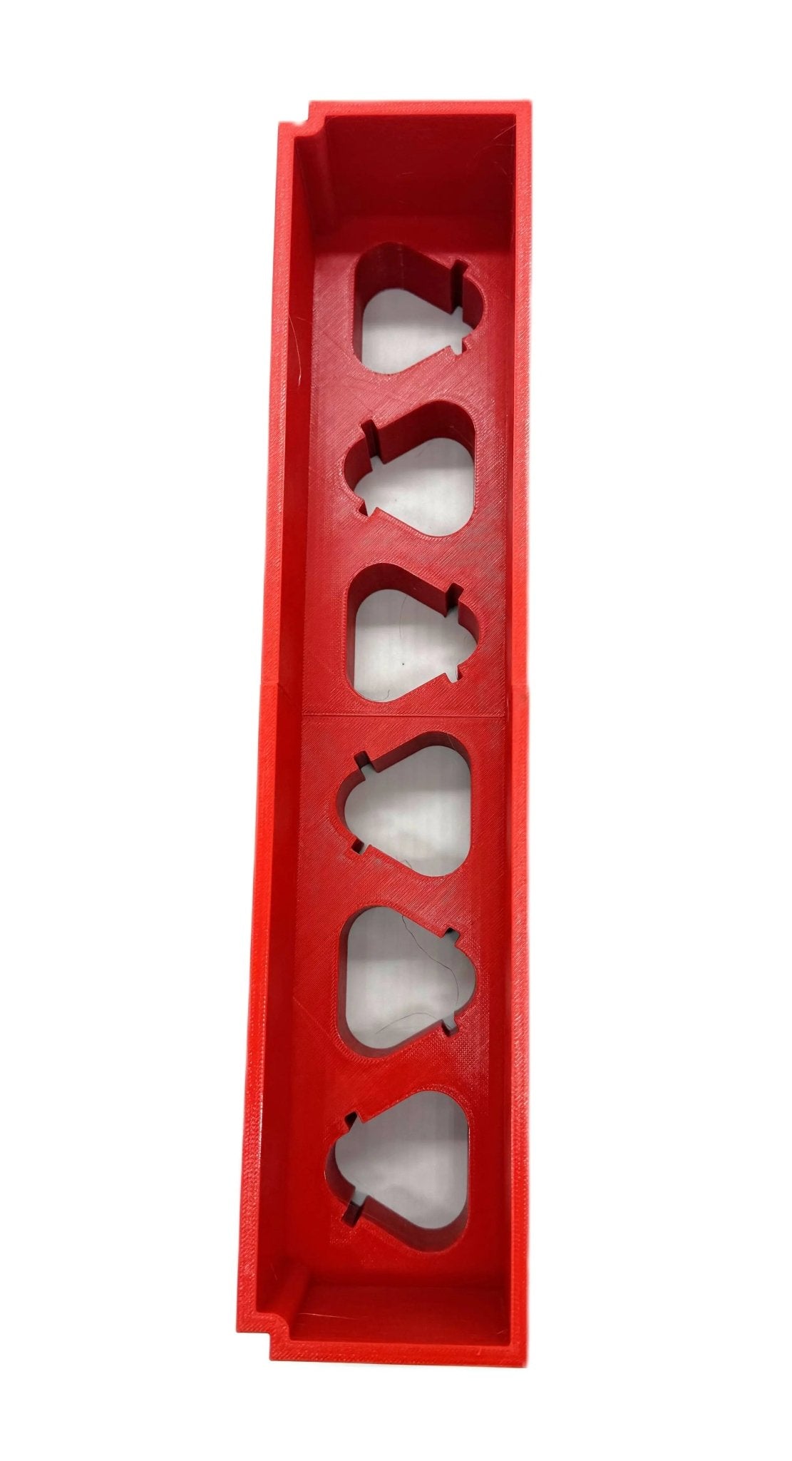 Insert Compatible with Milwaukee Packout – 6-Slot Battery Storage Organizer, showing a red battery holder organizer designed to securely hold six batteries.
