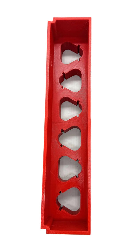 Insert Compatible with Milwaukee Packout – 6-Slot Battery Storage Organizer, showing a red battery holder organizer designed to securely hold six batteries.