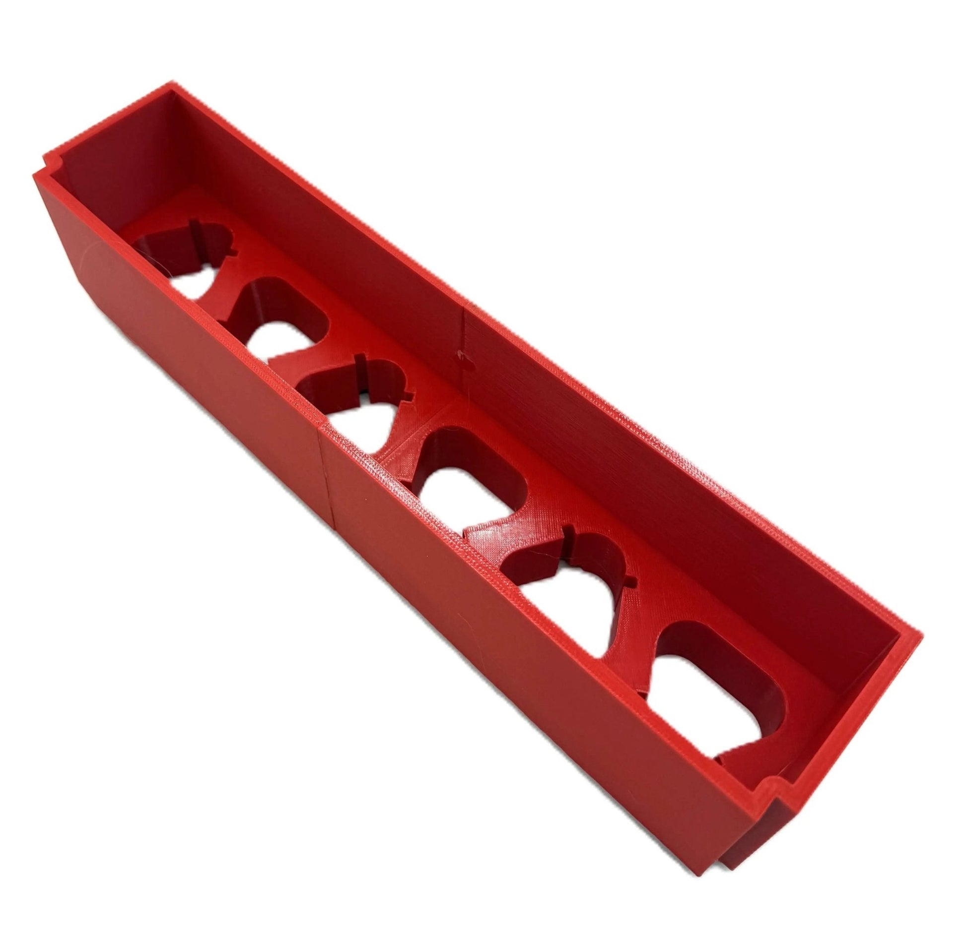 Insert Compatible with Milwaukee Packout – 6-Slot Battery Storage Organizer, displaying the red insert with six slots designed for efficient battery storage.