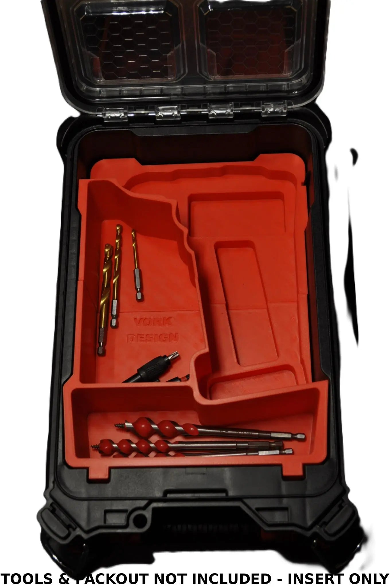 Interior layout of the Milwaukee M12 Fuel Drill Gen 3 Packout Insert USA 3404-20 AUS M12FPD3, illustrating the empty storage compartments and accessory setup in a premium Packout case, insert only.