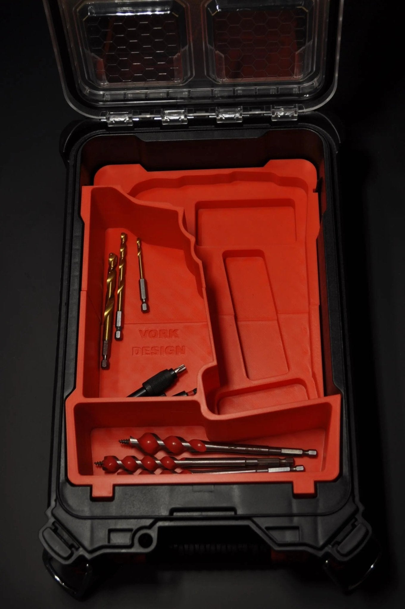 Detailed configuration of the Milwaukee M12 Fuel Drill Gen 3 Packout Insert USA 3404-20 AUS M12FPD3, highlighting the custom compartments designed for tool organization in a high-quality Packout box, insert only.