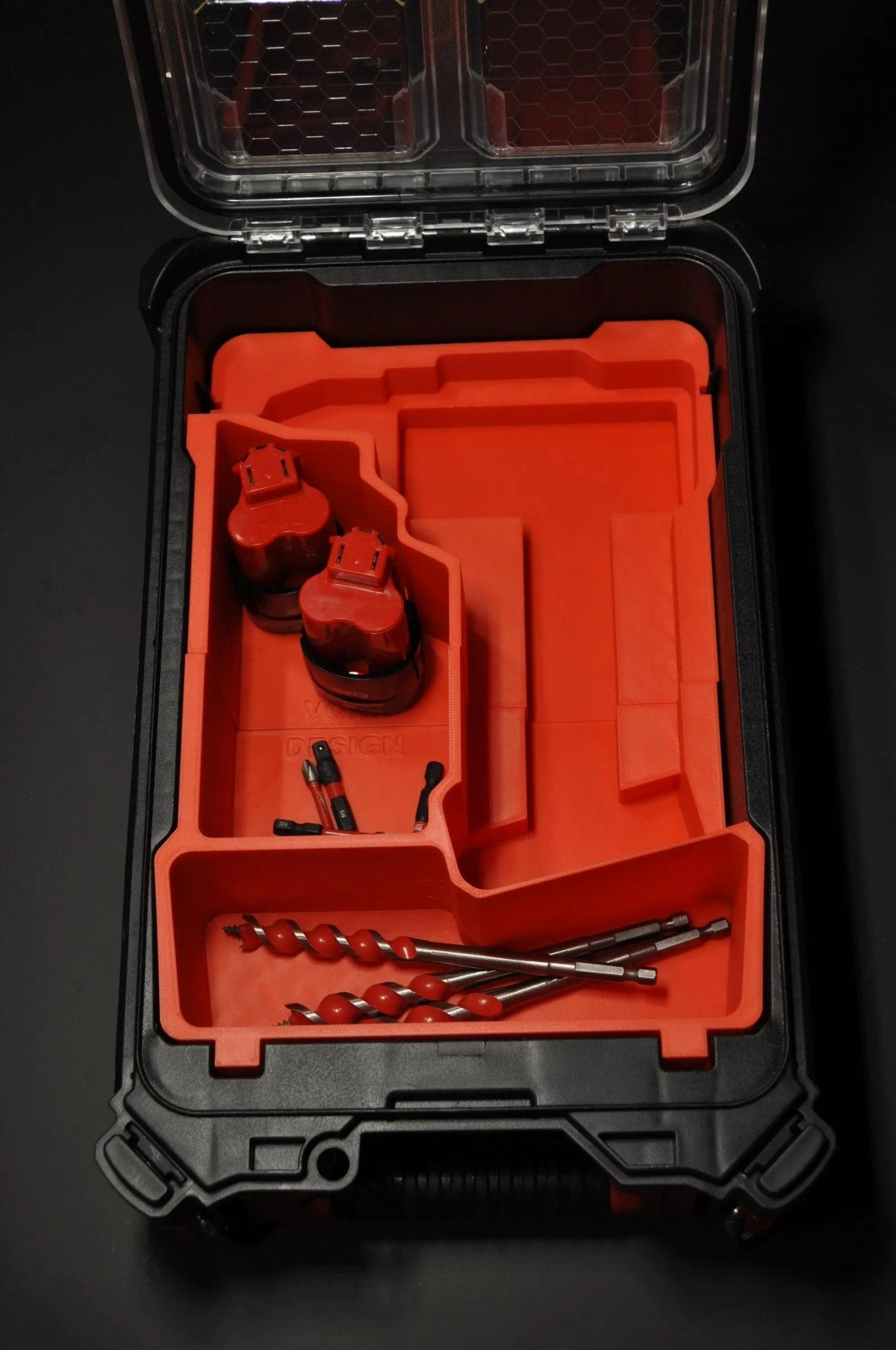 Side view of Milwaukee M12 Fuel Drill Gen 2 Compatible Insert for Packout Box 48228435 – Insert Only with organized tool storage layout.