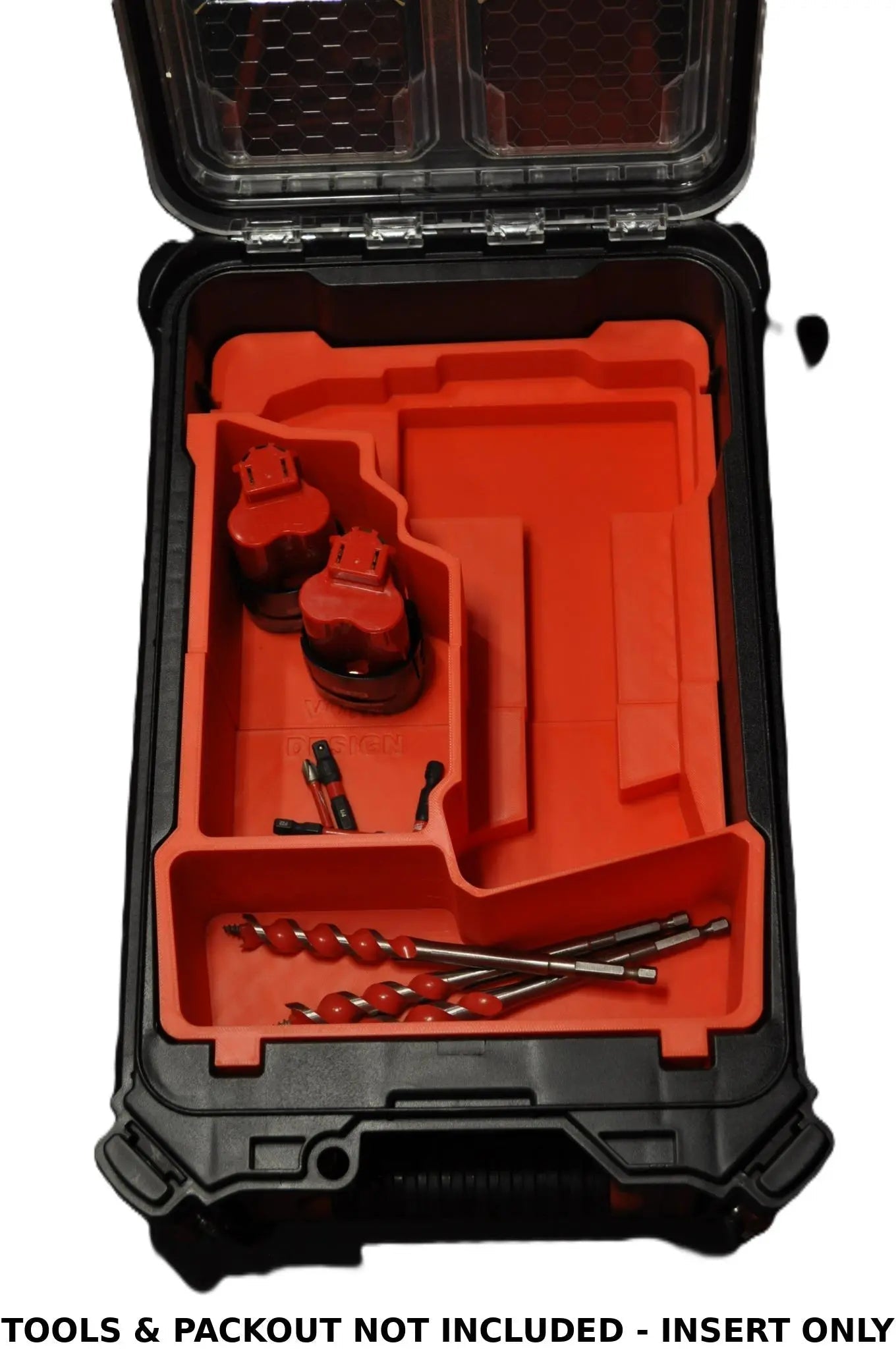 Interior view of Milwaukee M12 Fuel Drill Gen 2 Compatible Insert for Packout Box 48228435 – Insert Only featuring compartments for tools and batteries.