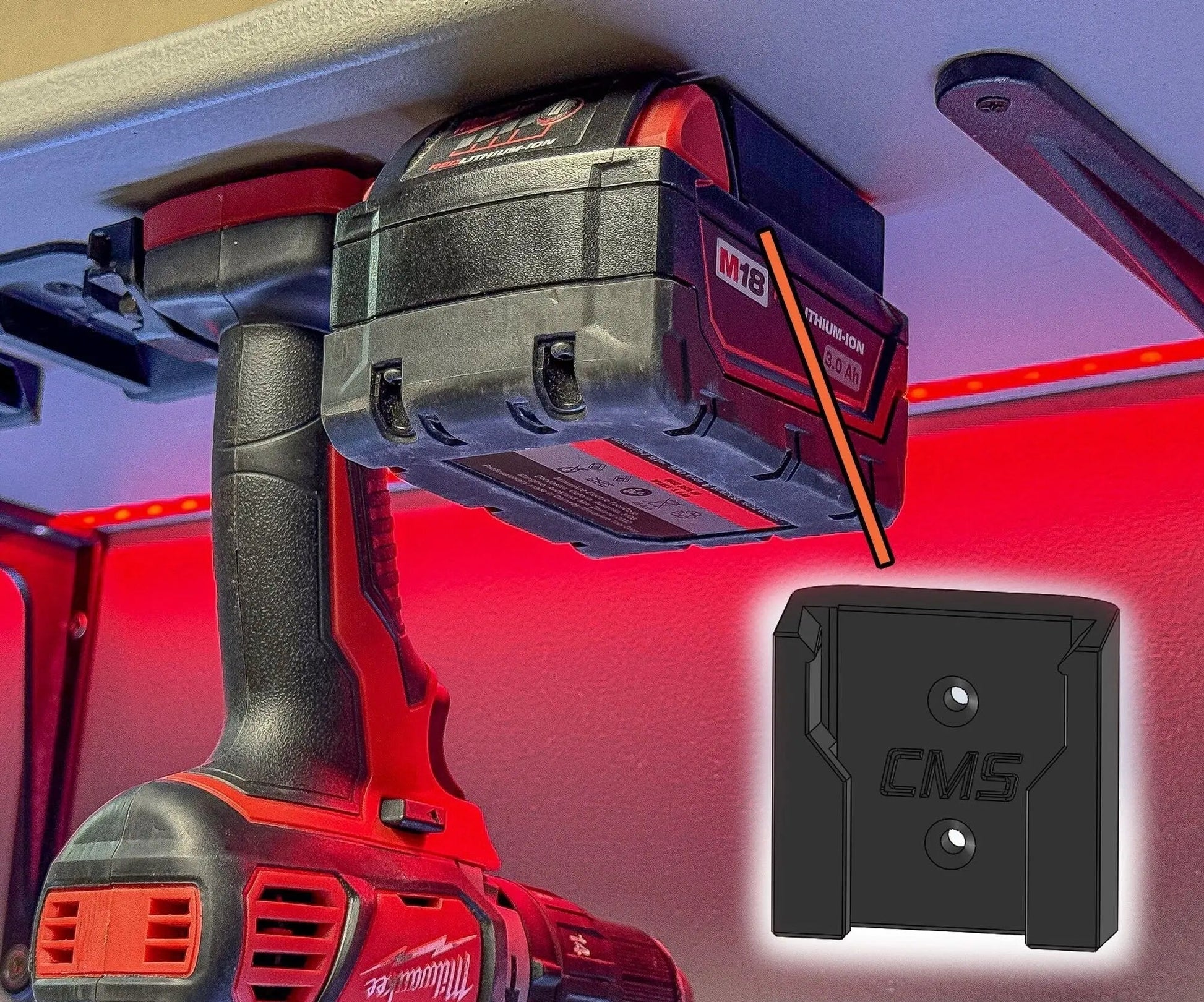 Milwaukee M18 Battery Holder displayed with an M18 battery mounted on a wall, showcasing its wall-mountable tool organizer capability for efficient storage and easy access.