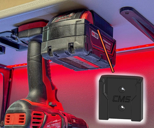 Milwaukee M18 Battery Holder displayed with an M18 battery mounted on a wall, showcasing its wall-mountable tool organizer capability for efficient storage and easy access.