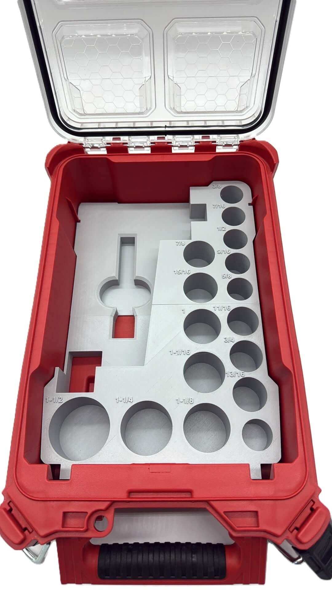Milwaukee Packout Insert designed for 1/2" Mid-Torque Wrench - USA 2962-20, AUS/UK M18FIW2F12, displaying precision slots for tools and sockets inside a Packout Box.
