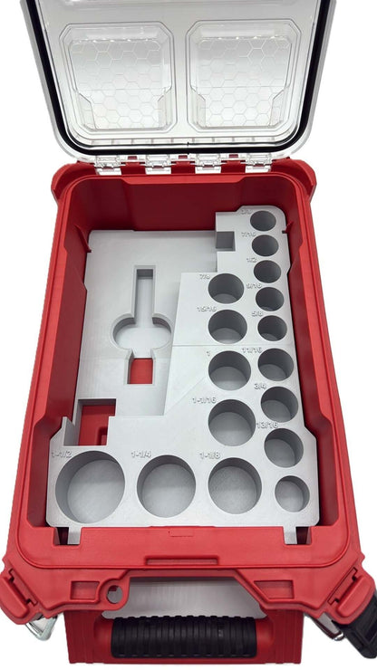 Milwaukee Packout Insert designed for 1/2" Mid-Torque Wrench - USA 2962-20, AUS/UK M18FIW2F12, displaying precision slots for tools and sockets inside a Packout Box.