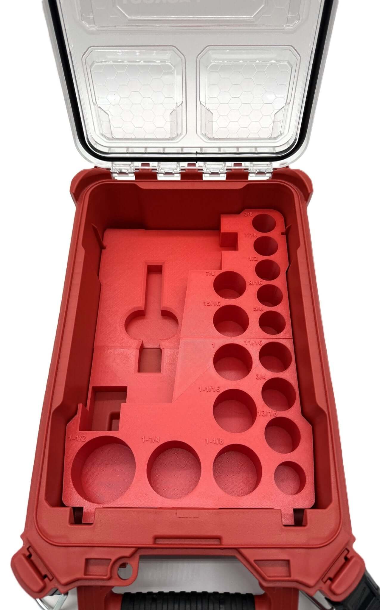 Interior view of the Packout Insert for Milwaukee 1/2" Mid-Torque Wrench - USA 2962-20, AUS/UK M18FIW2F12 revealing custom-fit spaces for socket organization.