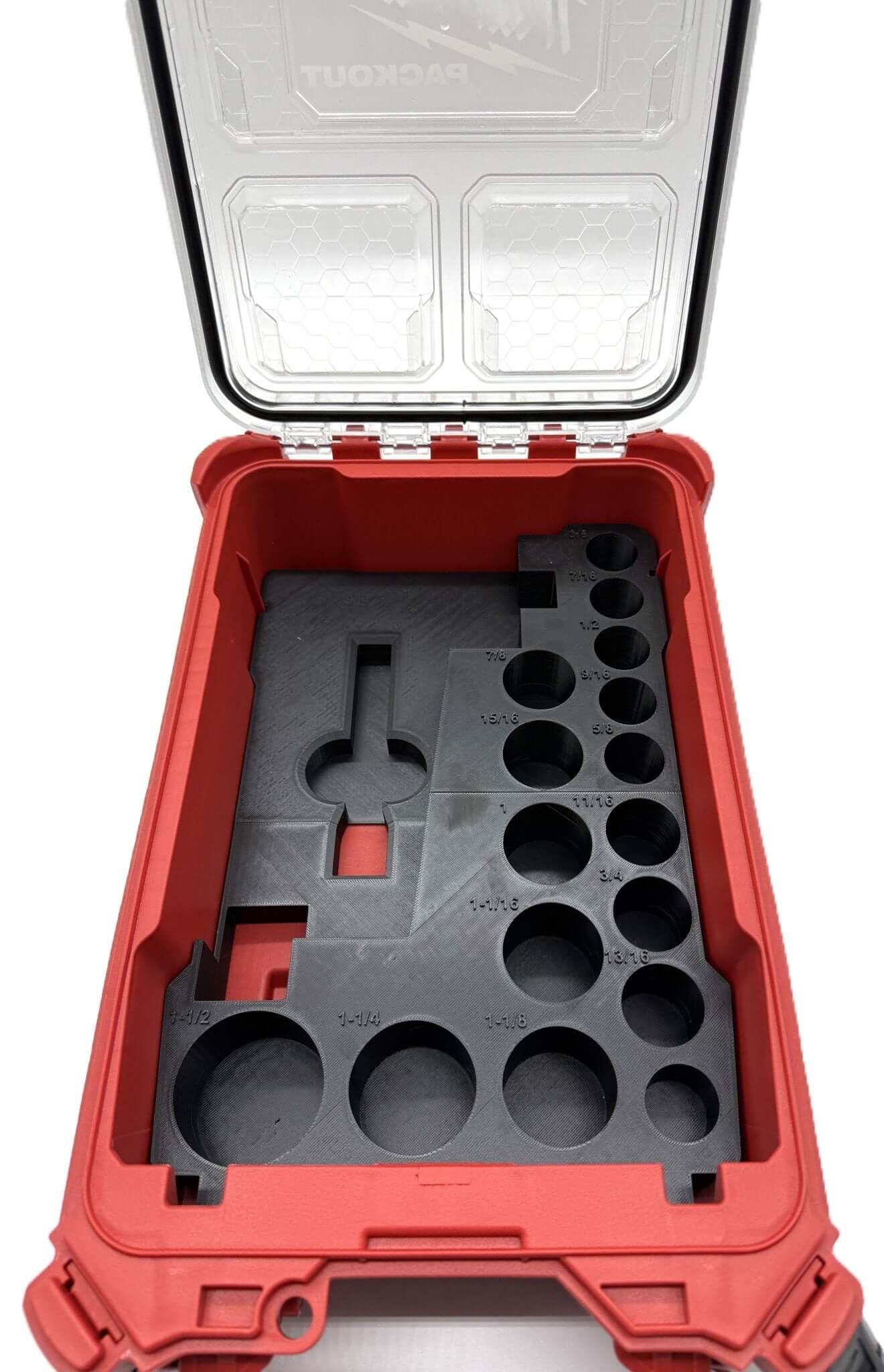 Packout Insert for Milwaukee 1/2" Mid-Torque Wrench - USA 2962-20, AUS/UK M18FIW2F12 shown with tool slots designed for efficient storage in a Packout Box.
