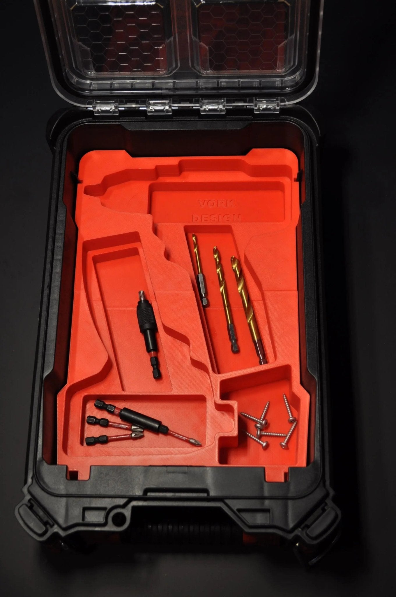 Milwaukee Packout Insert designed for M12 Fuel Drill and Impact Driver Combo Gen 2 displayed in a black and red storage case, featuring organized compartments for drills and accessories.